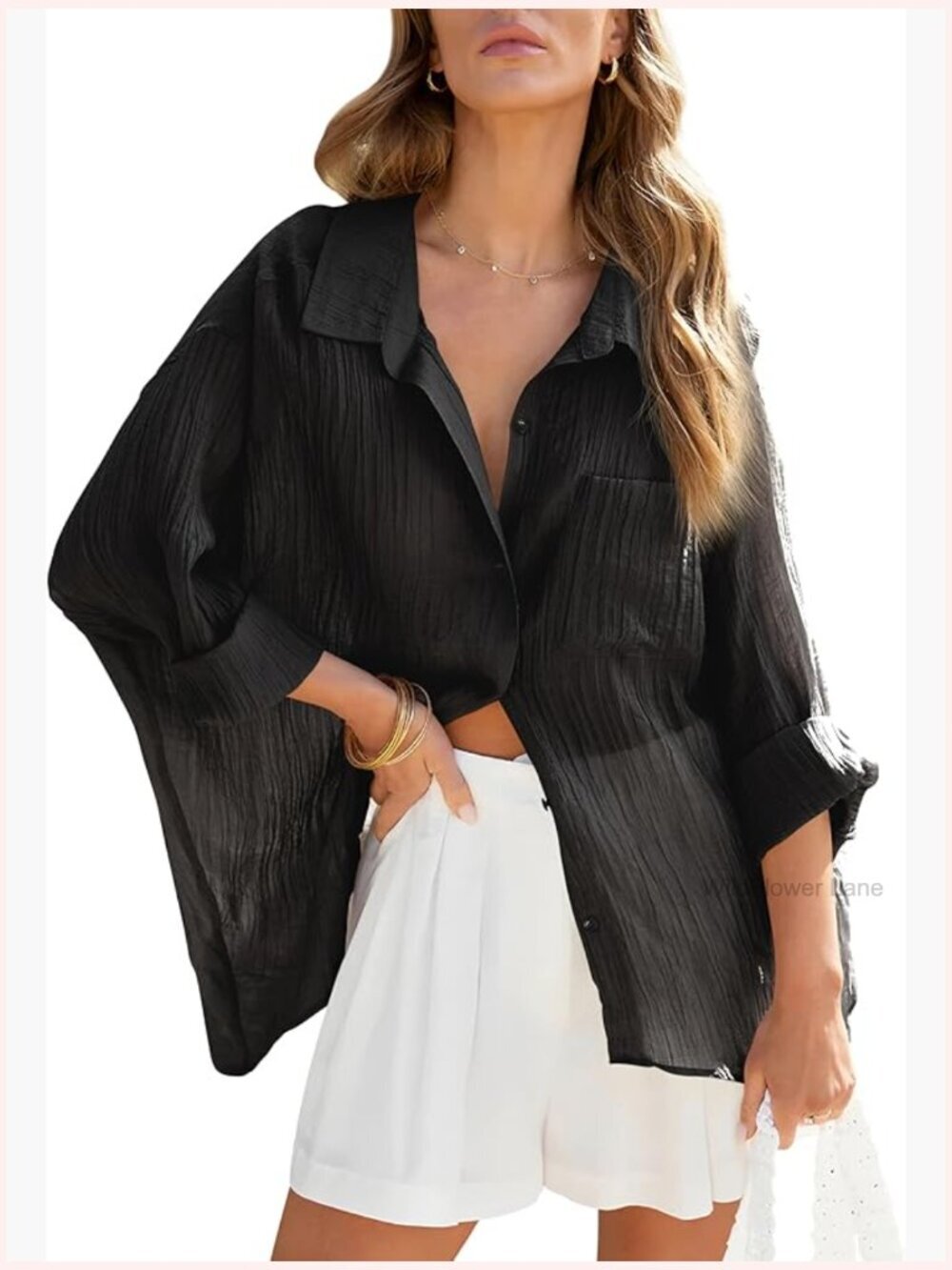Long Sleeve Button Down Blouse with Pockets Loose Fit